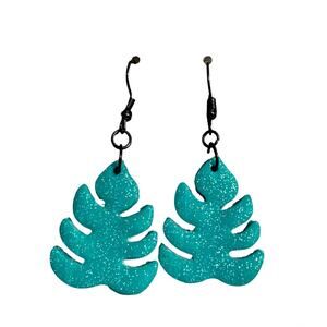 Teal Monstera Leaf Glitter Statement Earrings - Handmade Polymer Clay